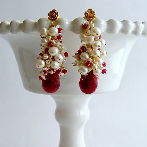 Rubies Freshwater Keshi & Seed  Pearls - Cherries In The Snow Cluster Earrings