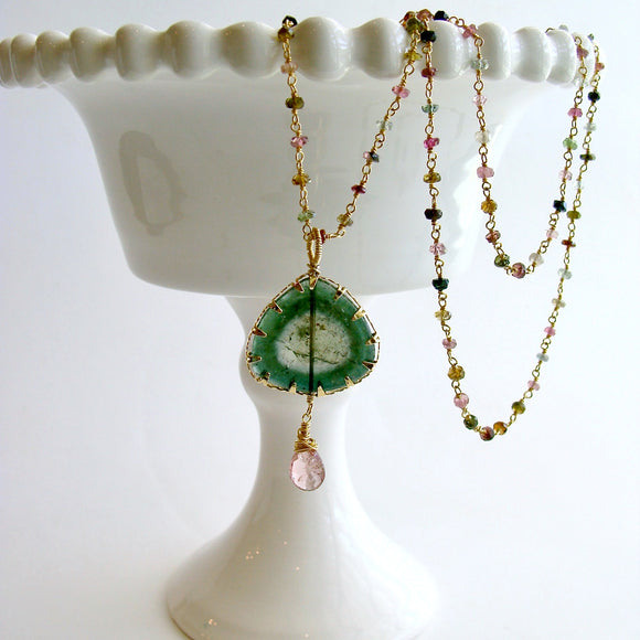 Green Tourmaline Slice With Hand Linked Tourmaline Chain - Laurel Pendant Necklace