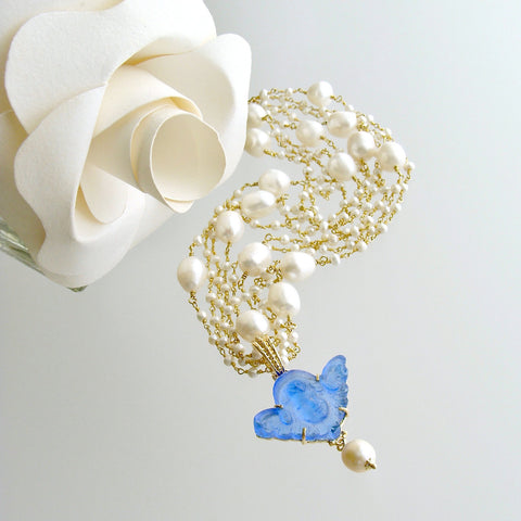 Freshwater Pearls Cornflower Blue Venetian Glass Intaglio Cameo Cherub Necklace - Taormina II Cherub Necklace