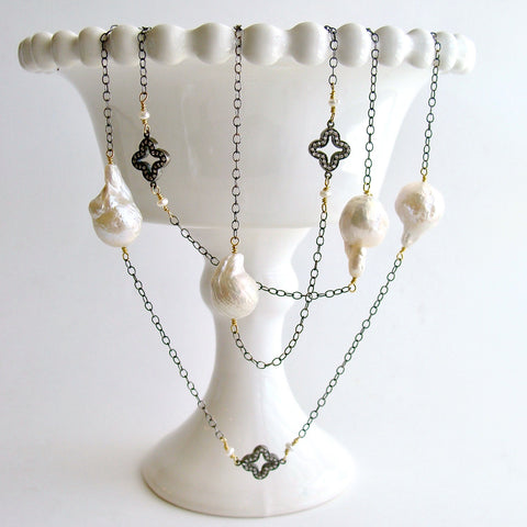 #2 Felice Necklace - Baroque flameball Pearls, Pave Quatrefoil Stations Necklace