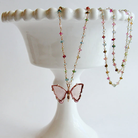 Pink Tourmaline Butterfly Pendant Tourmaline Beaded Chain - Le Papillon XXIV Necklace