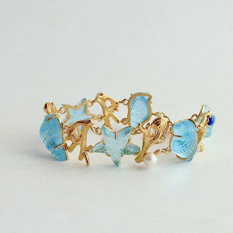 Aqua Venetian Glass Shells Starfish Lapis & Pearls Bracelet - Meribella Bracelet