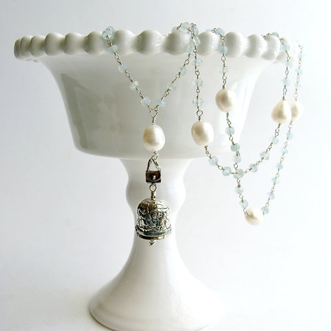 Aquamarine Pearl Sterling Silver “Sisters” Bell Pendant Necklace  - “Sisters” Bell Necklace