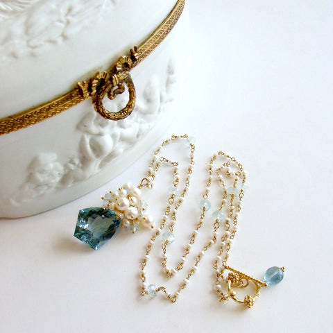 Shield Cut Aquamarine Seed Pearl Cluster Pendant Necklace - Diana II Necklace