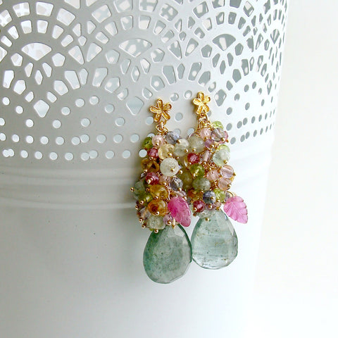 Moss Aquamarine, Pink Topaz, Pink Zircon, Amethyst, Peridot, Iolite Cluster Earrings - Fleur V Earrings