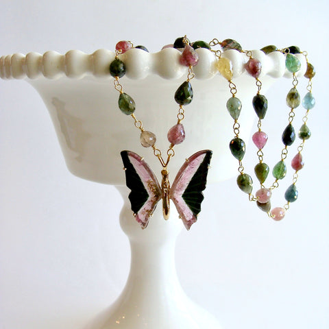 Pink Black Watermelon Tourmaline Butterfly Necklace - Papillon XVI Necklace