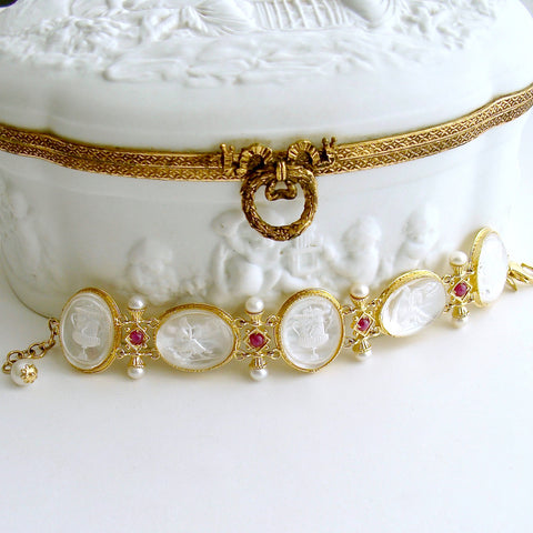 White Venetian Glass Intaglios Pearls Rubies MOP Bracelet - Varenna Bracelet