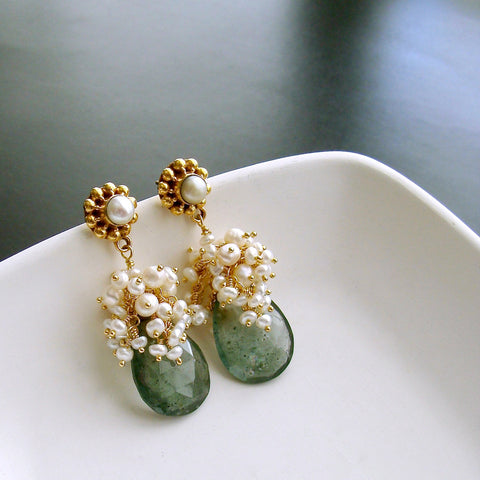 #4PM Le Fleurs de la Mer II Earrings - Moss Aquamarine Seed Pearls