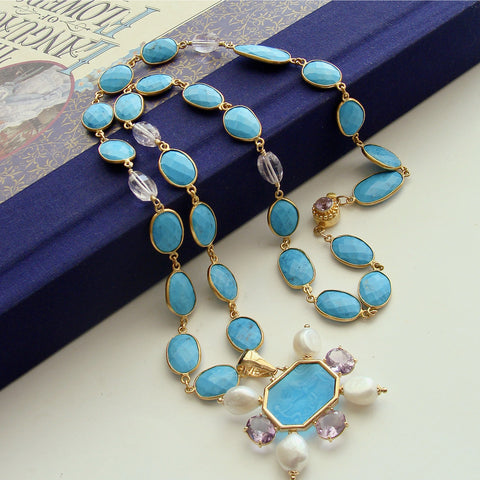 Bezel Set Turquoise & Faceted Rose de France Intaglio Necklace - Abruzzo Intaglio Necklace