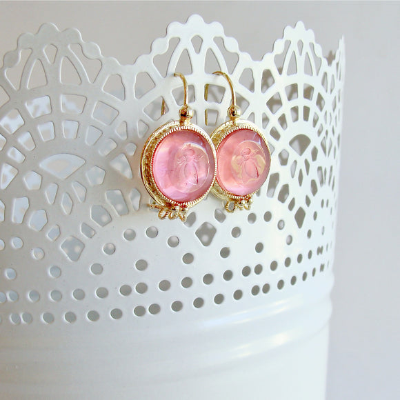 Napoleonic Bee Salmon Pink Intaglios Earrings - Peu d’Abelle Earrings