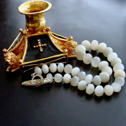 White Moonstone Choker Necklace with Abalone Inlay Toggle - Selene Necklace