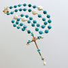 #1 Cameron Cross Necklace - Hand Wrapped Cross Sleeping Beauty Turquoise Pink Topaz Coin Pearls