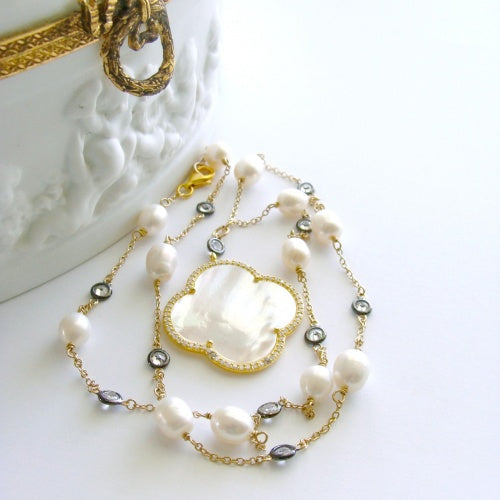 Mother of Pearl Quatrefoil Baroque Pearls White Topaz Mixed Metals