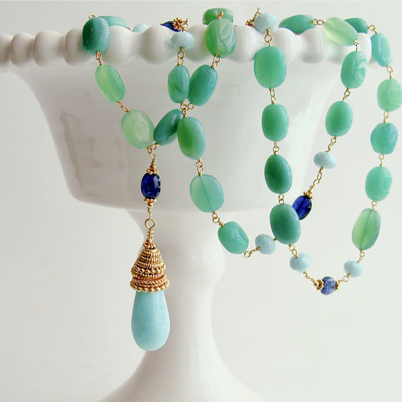 Chrysoprase Oval Nuggets Peruvian Blue Opal Kyanite Necklace - Molly III Necklace