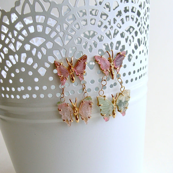 Watermelon Tourmaline Double Butterfly Earrings - Le Papillon II Earrings