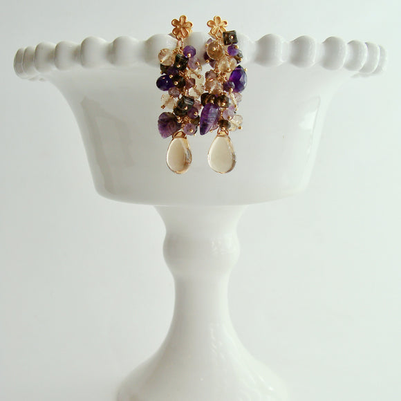 Champagne Citrine Carved Amethyst Leaves Cluster Earrings - Fleur X Earrings