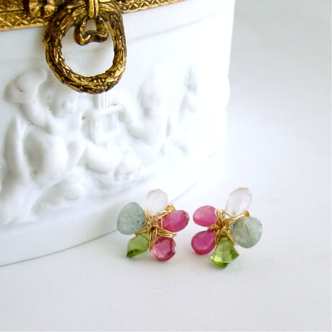 #1 Dacia Post Earrings - Pink Sappire Moss Aquamarine Peridot Rose Quartz Flower Earrings