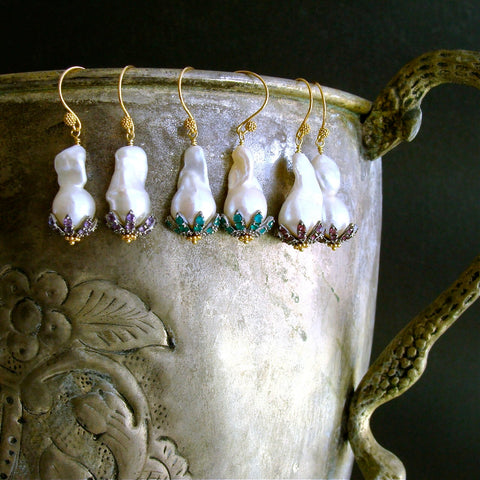 #4 Chantilly Emerald Green Earrings - Baroque Pearls Green Onyx