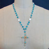 #4 Cameron Cross Necklace - Hand Wrapped Cross Sleeping Beauty Turquoise Pink Topaz Coin Pearls