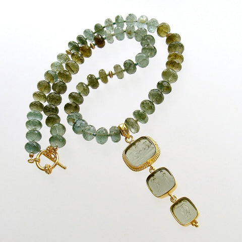 #1 Lissone II Necklace - Moss Aquamarine Venetian Triple Intaglio Pendant