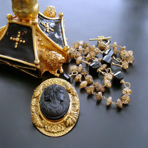 #2 Cari Necklace - Amber Quartz Onyx Antique Onyx Foliate Cameo Brooch