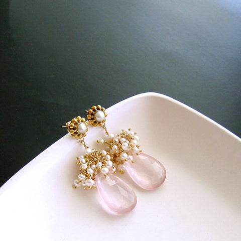 #2 Petales de Rose III Earrings - Rose Quartz Seed Pearls