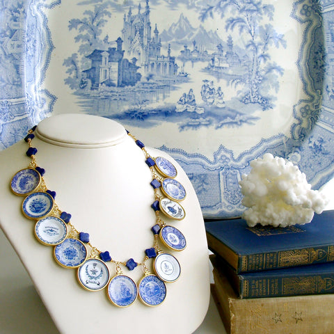 #3 China Doll Blue White Necklace - Lapis Quatrefoils Blue White Plates