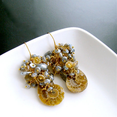 #2 Irielle III Earrings - Ammonites Labradorite Champagne Citrine Topaz Pyrite