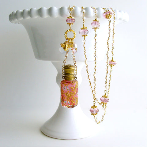 #2 Patience Necklace - Cranberry Chatalaine Scent Bottle Pearls Pink Topaz