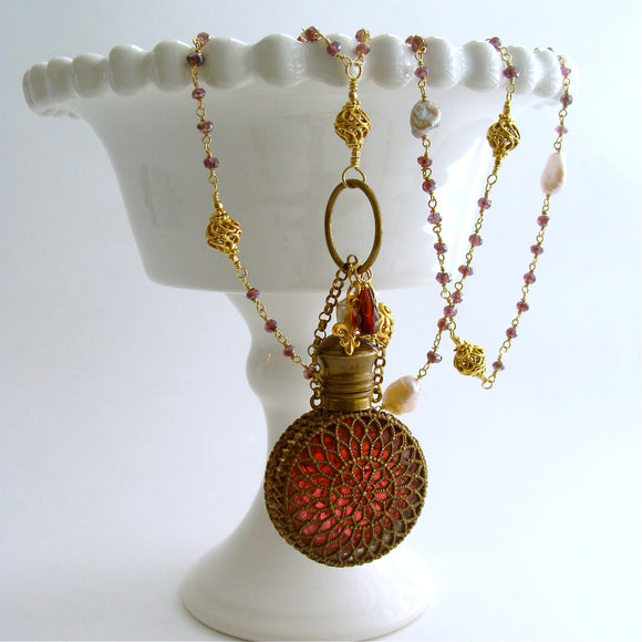 #2 Alora Necklace - Garnet Pearl Necklace Victorian Filigree Chatelaine Scent Bottle
