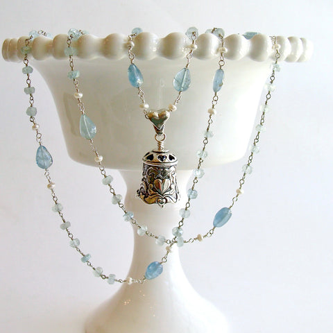 #5 Key to Your Heart Necklace - Aquamarine Sterling Silver Heart Bell Pendant