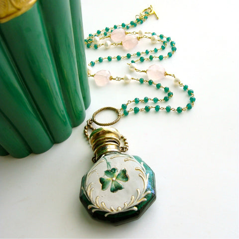 #1 Caitlin Necklace - Shamrock Scent Bottle Green Onyx Rose Quartz